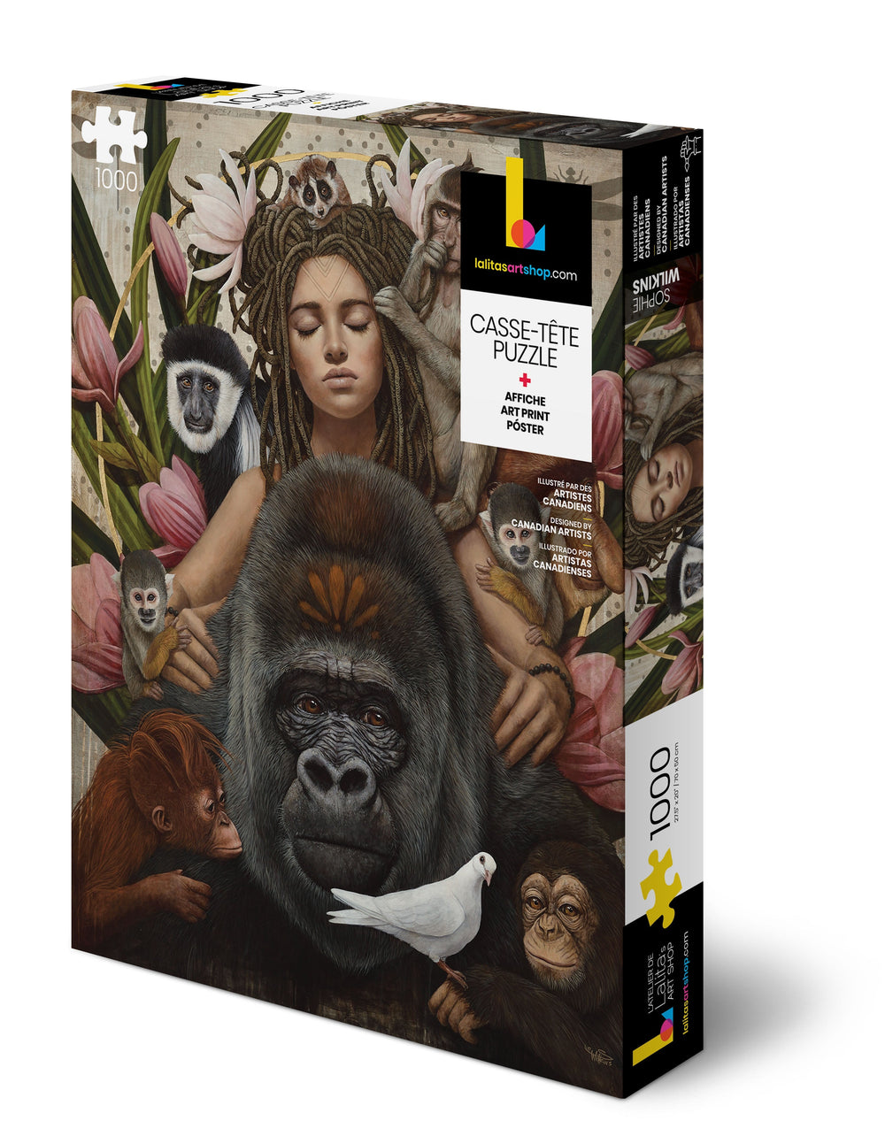 La boîte du casse-tête « Primates » de 1000 pièces exposée en angle, montrant l'œuvre vibrante et les détails du produit.