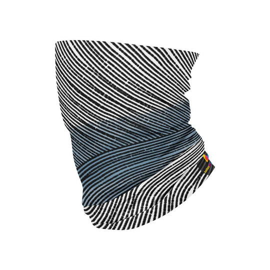 Cache-cou multifonctionnel Lignes abstraites présentant des lignes ondulées noires, blanches et bleues sur fond blanc.