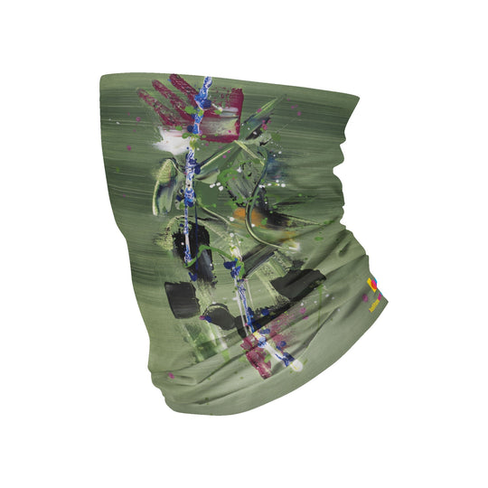 Cache-cou Amazonia à plat, motif abstrait en vert sauge, cramoisi, cobalt et noir sur polyester recyclé