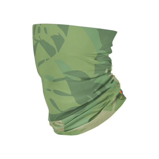 Tube multifonctionnel avec motif camouflage vert et brun sur fond blanc.