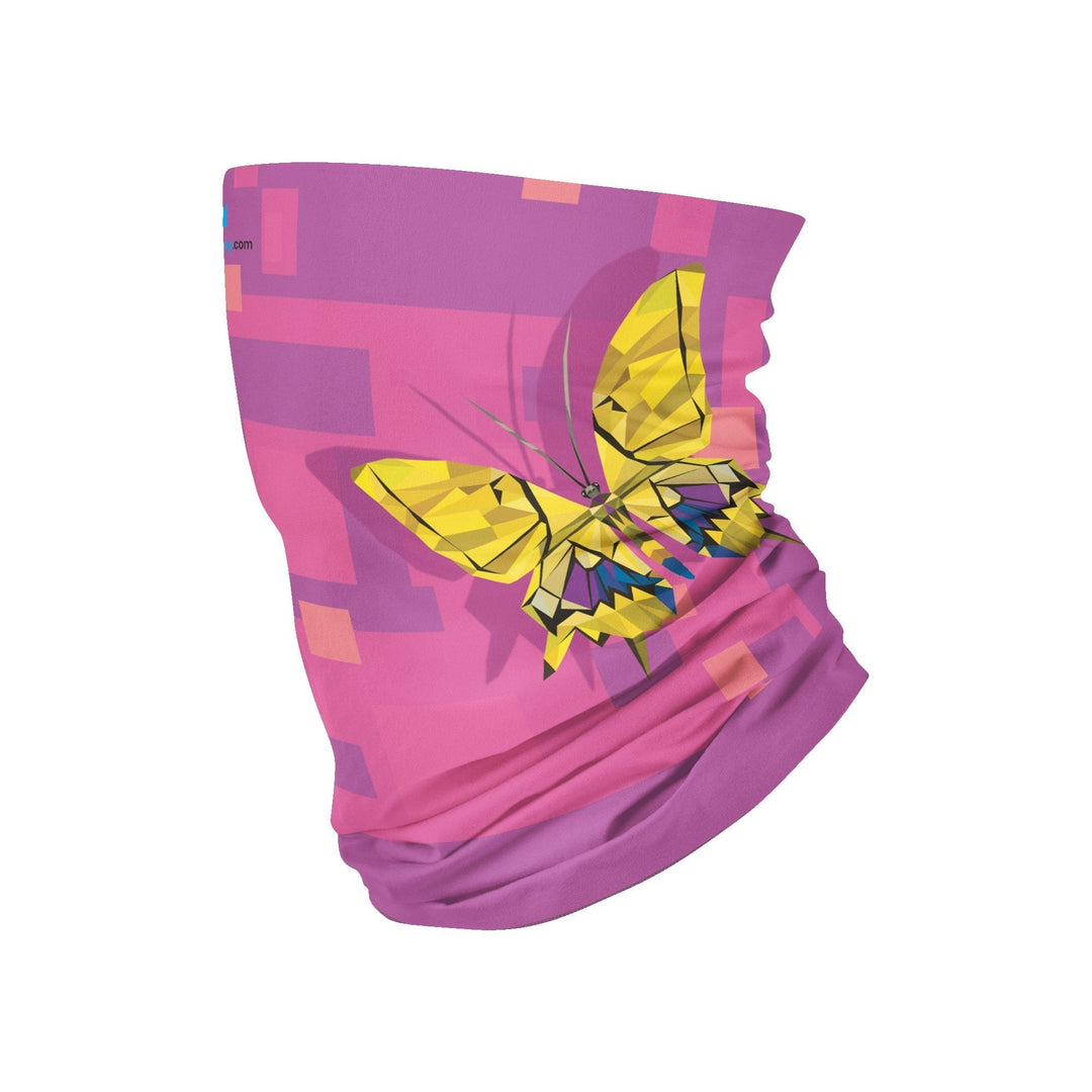 Tube multifonction rose et violet avec un motif papillon jaune, présenté à plat.