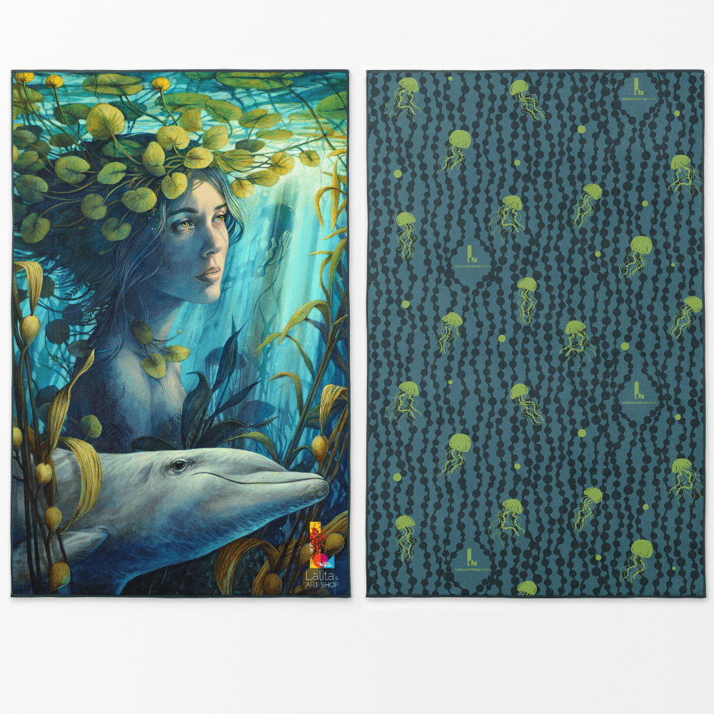 Serviette artistique réversible XL montrant une scène sous-marine avec une femme et un dauphin d&