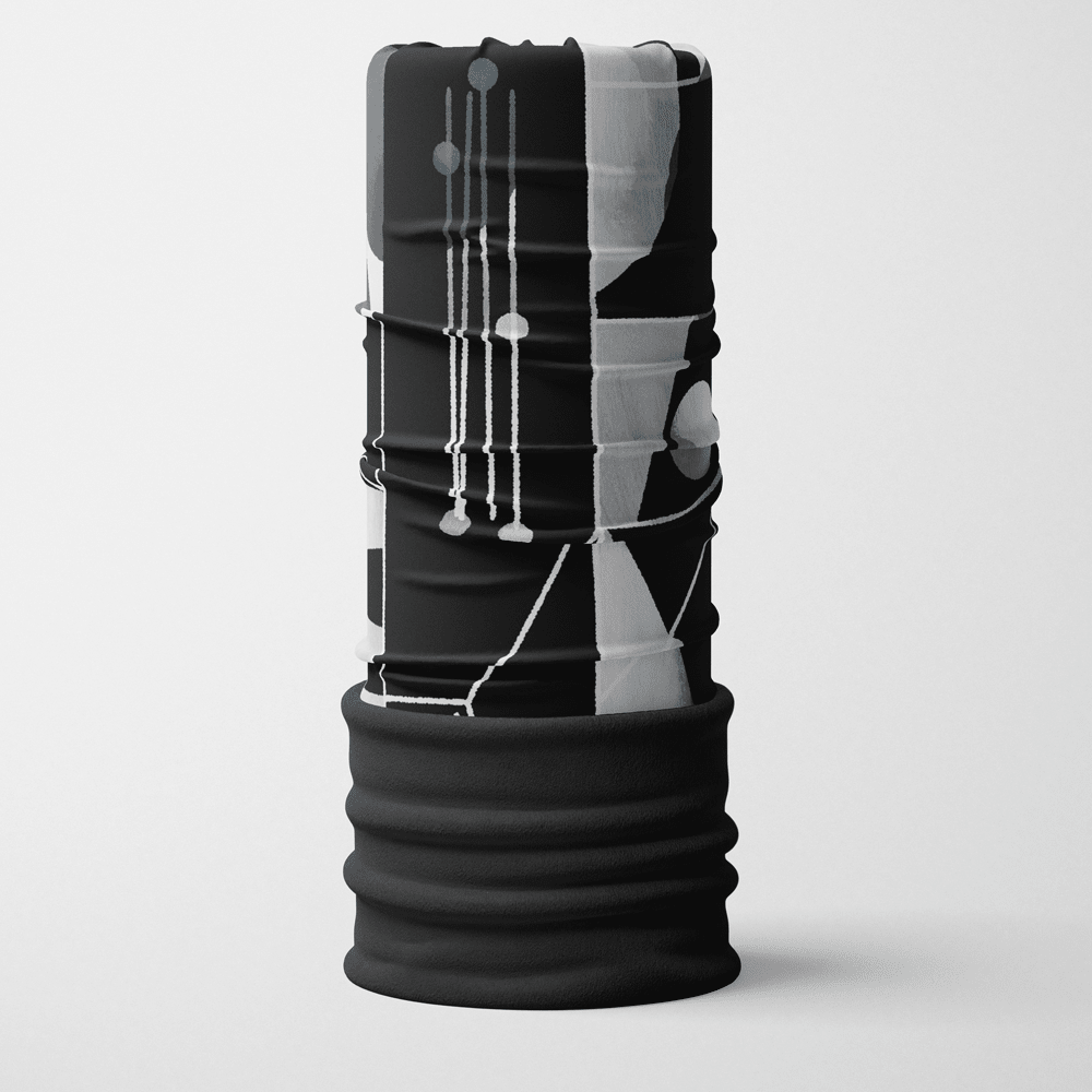 Cache-cou tubulaire au motif abstrait géométrique noir et gris avec doublure polaire noire, sur fond blanc