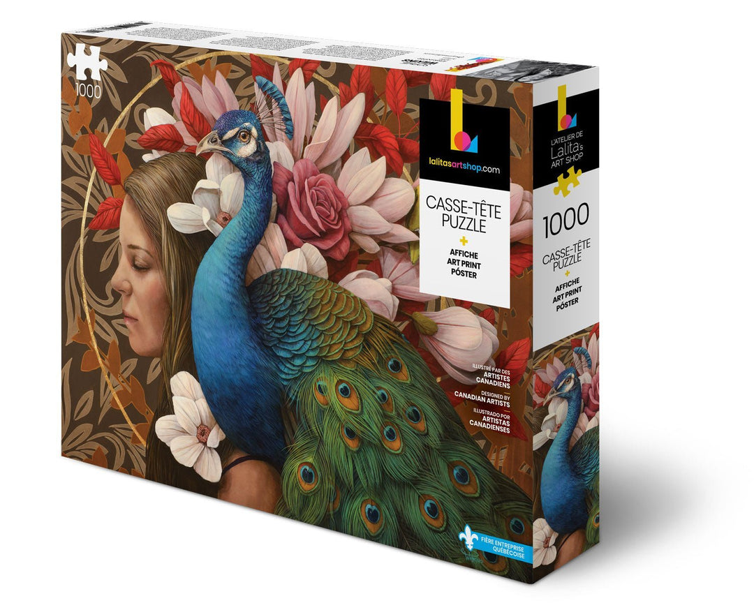 Boîte du casse-tête artistique « Le Paon » de 1000 pièces, présentant une femme avec un paon et des motifs floraux.