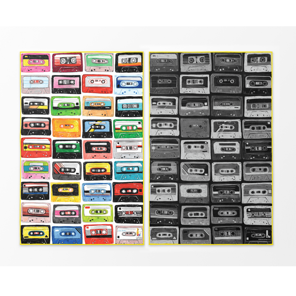 Towel with colorful and black and white cassette tape patterns side-by-side.