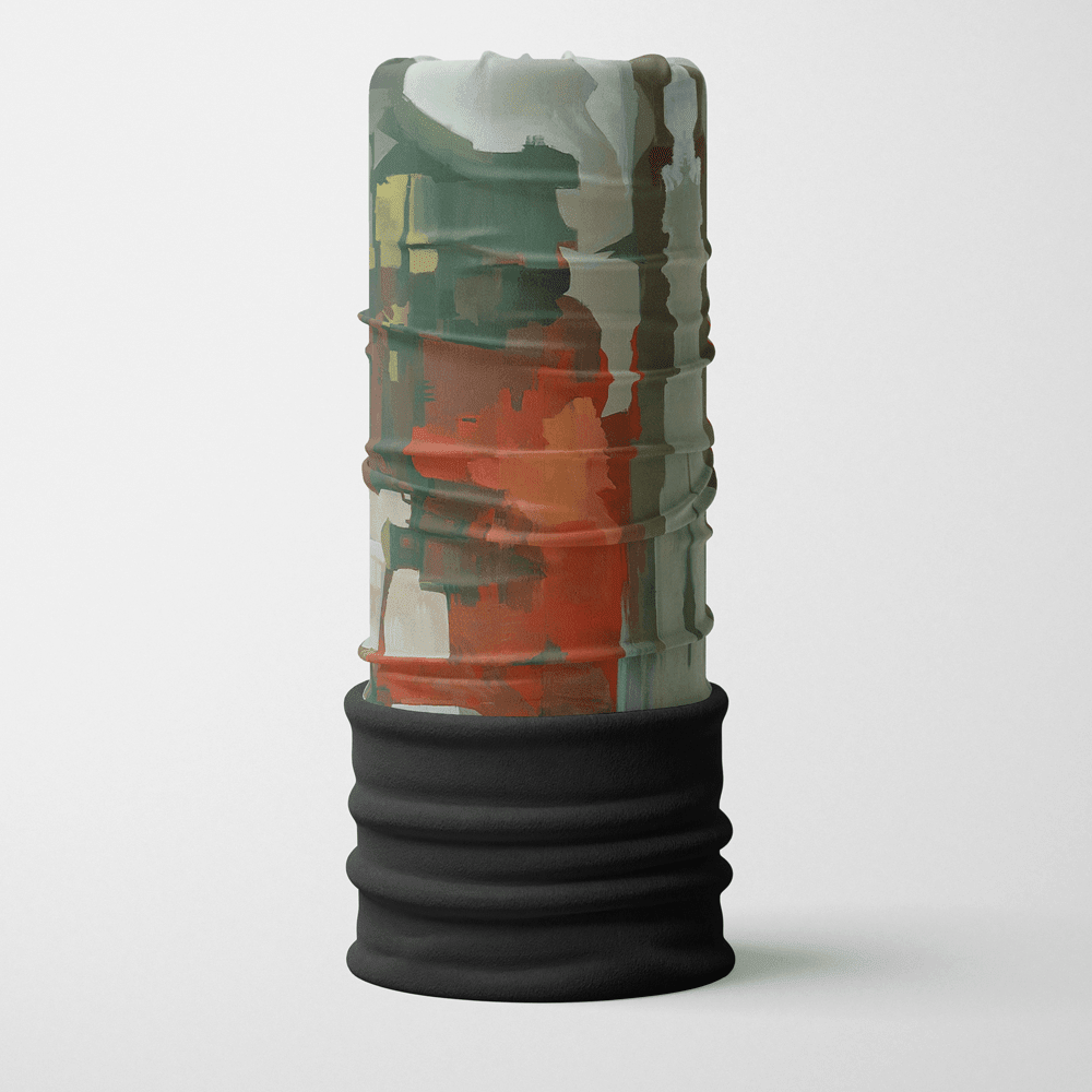 Un cache-cou tubulaire avec une impression d'art abstrait coloré et une section inférieure en polaire noire sur fond blanc.