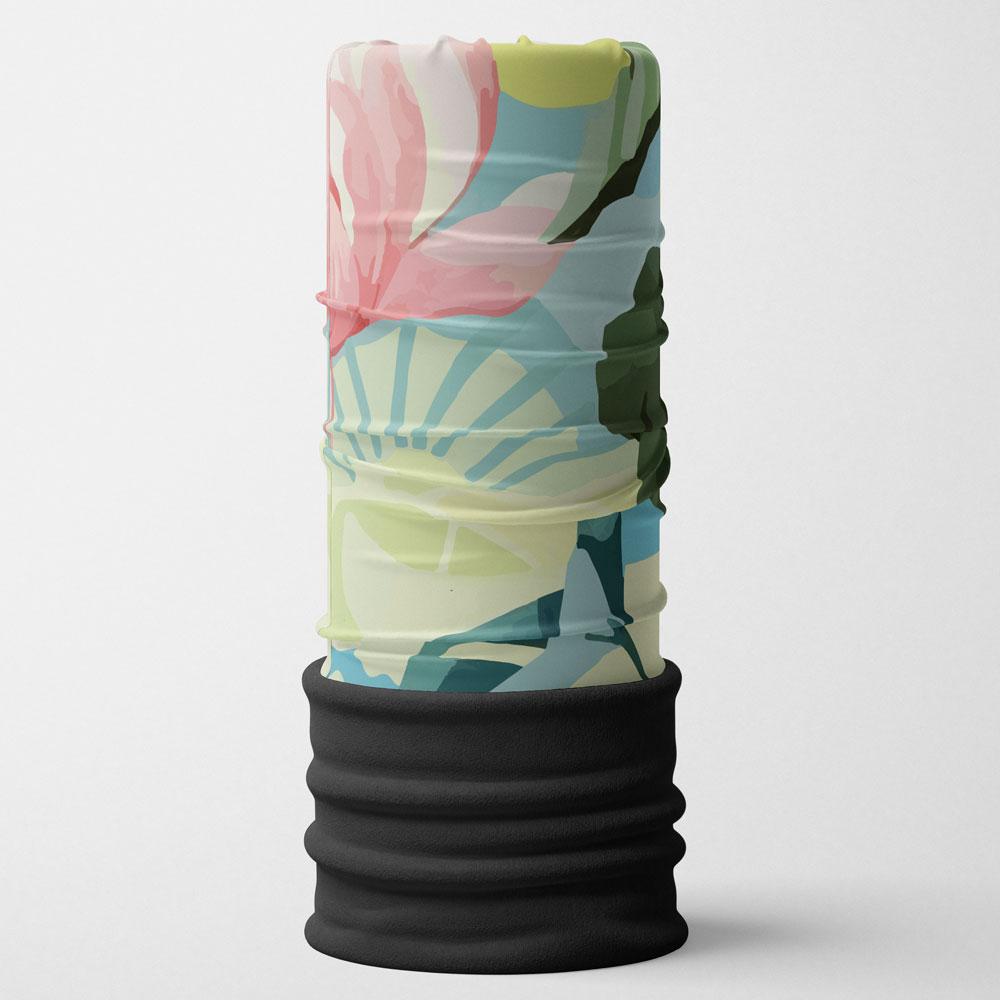 Un tube multifonction aux motifs floraux colorés présenté debout.