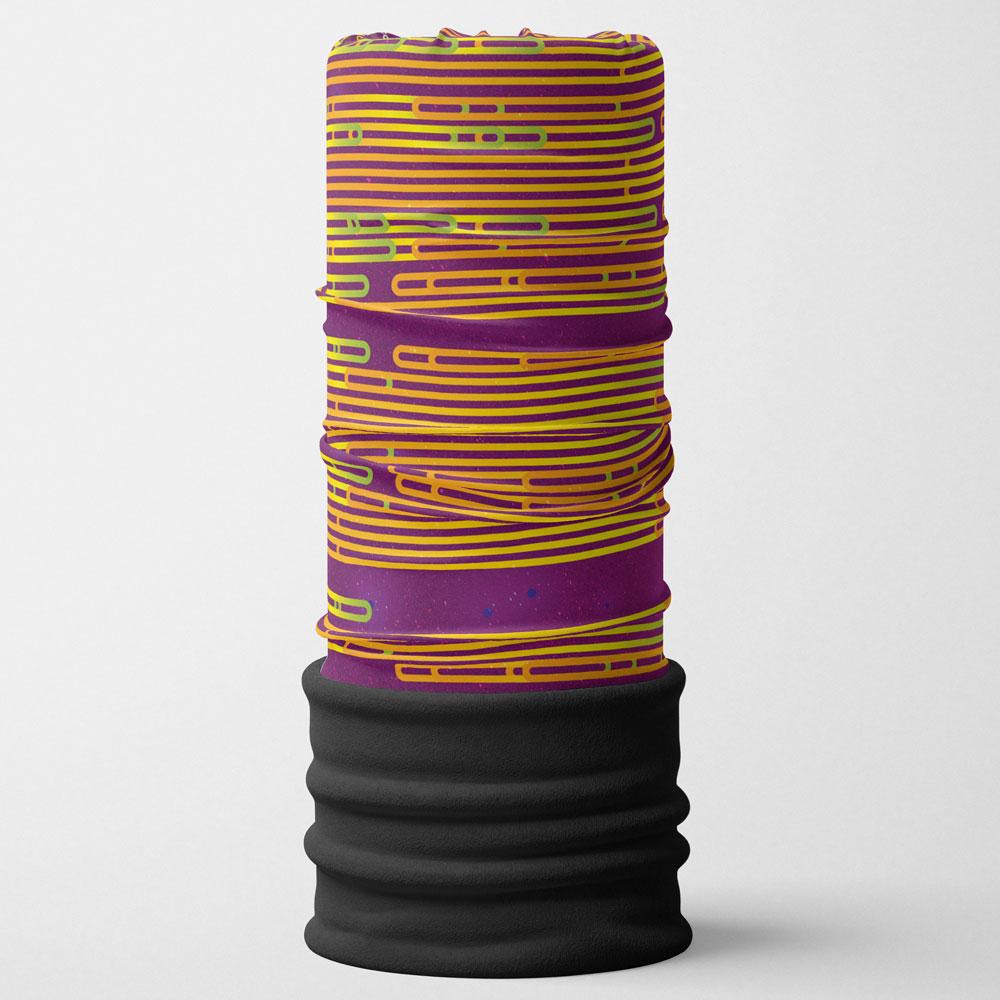 Tube multifonction violet avec un motif abstrait de lignes jaunes et vertes, présenté droit.