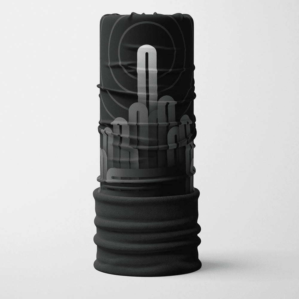 Tube cache-cou multifonction noir avec un motif graphique gris représentant des cercles concentriques et un paysage urbain stylisé.