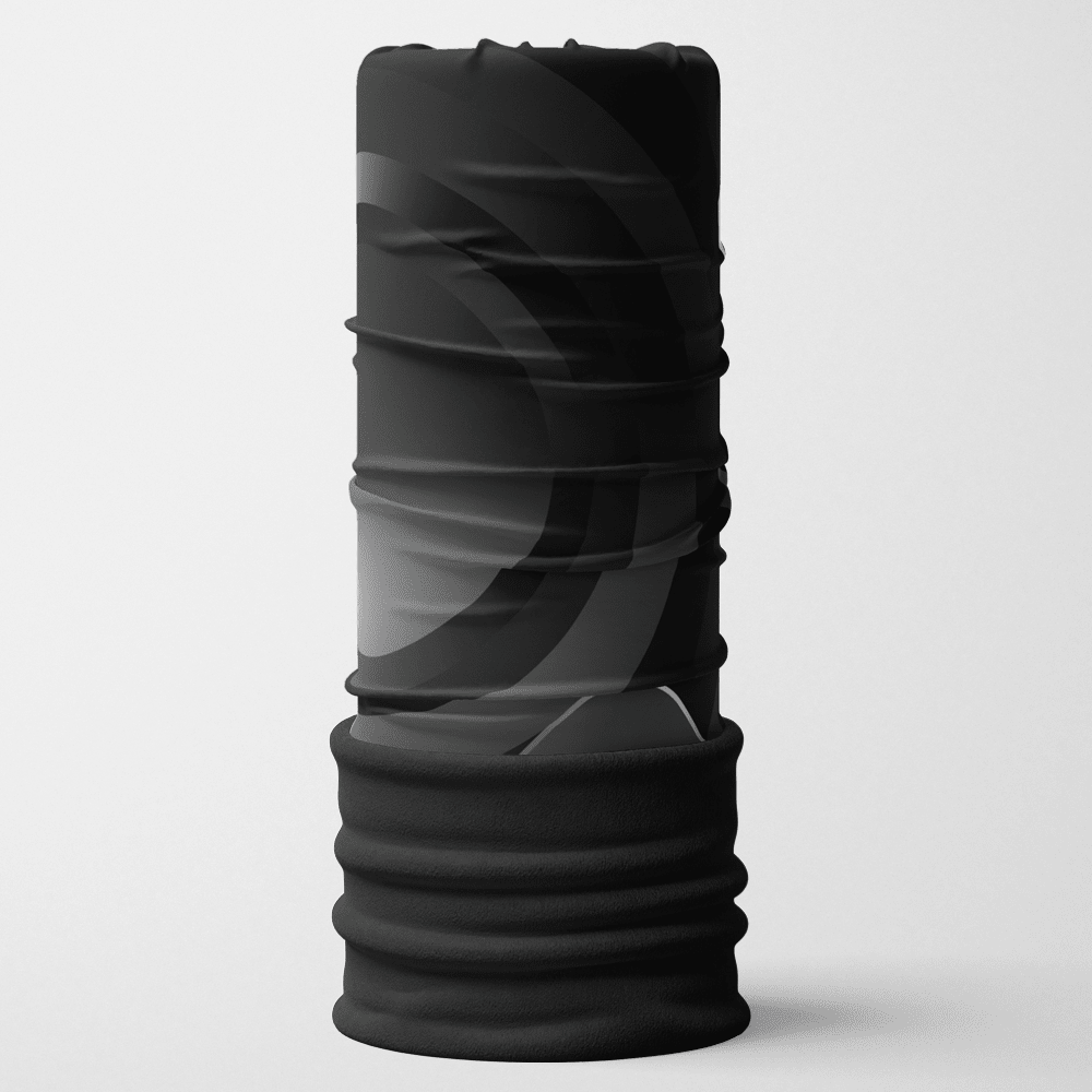 Black and grey abstract print multifunctional neck tube with a black fleece edge.