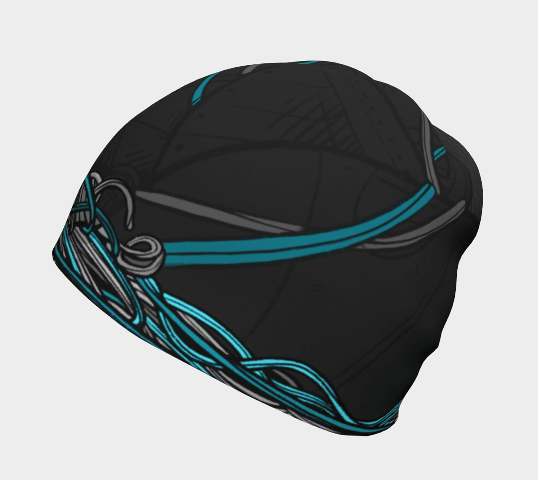 Tuque noir et bleu avec un motif de chat robot, vue de côté.