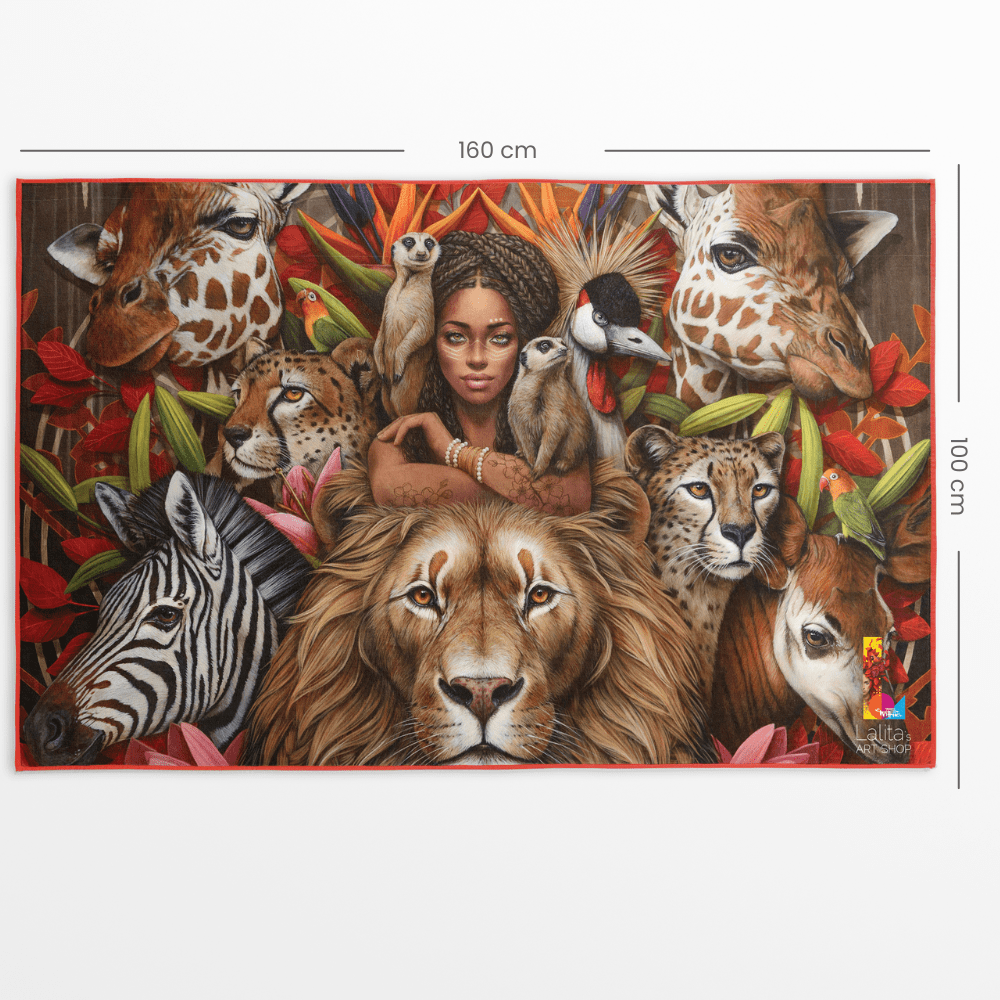 Serviette artistique réversible XL avec les dimensions 160 cm et 100 cm clairement indiquées sur le côté avec le motif principal.