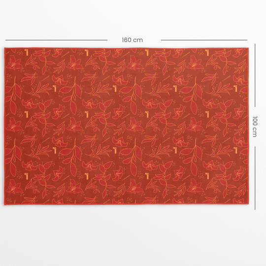 Serviette artistique réversible XL avec les dimensions 160 cm et 100 cm clairement indiquées sur le côté au motif floral rouge.