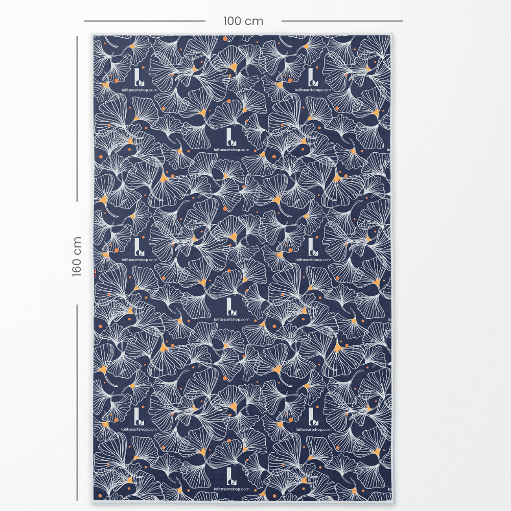 The Spring Reversible Microfiber Premium Towel laid flat, showing its full 160cm x 100cm dimensions with a navy ginkgo leaf pattern.