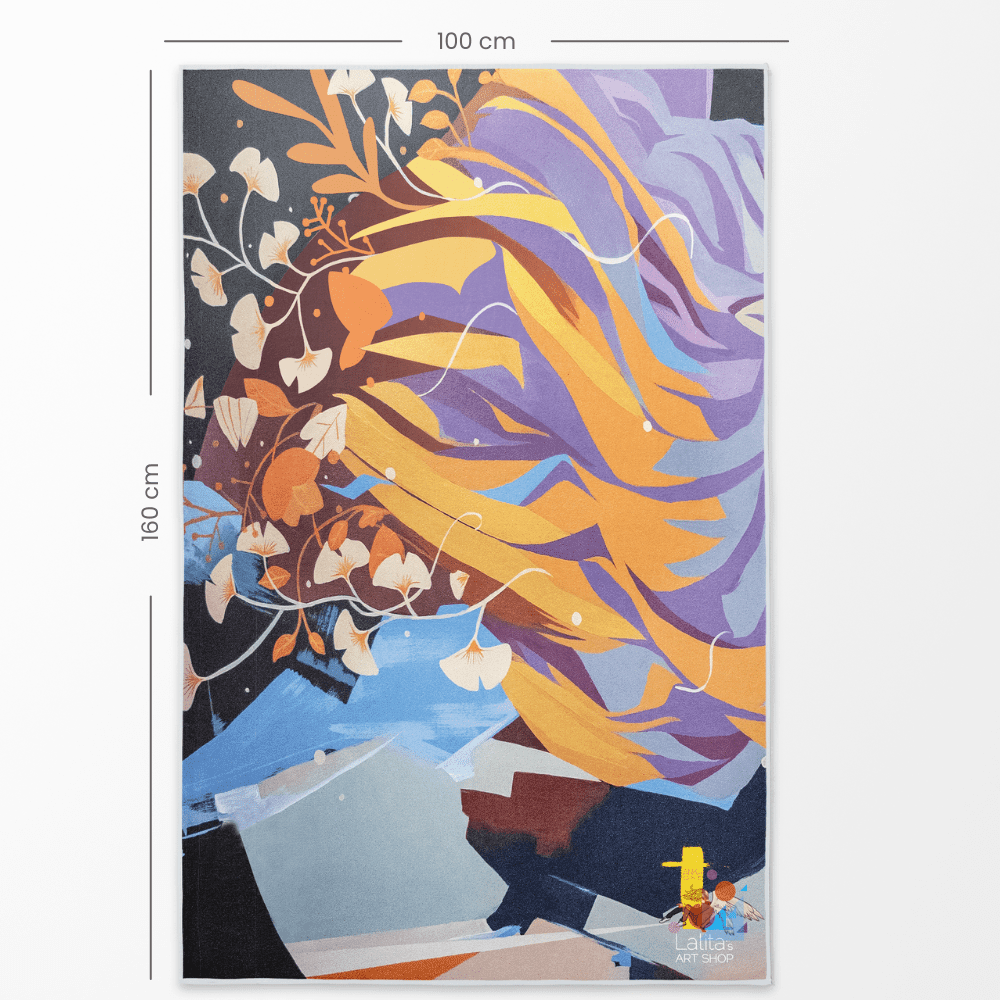 The Spring Reversible Microfiber Premium Towel laid flat, showing its full 160cm x 100cm dimensions with abstract floral art.