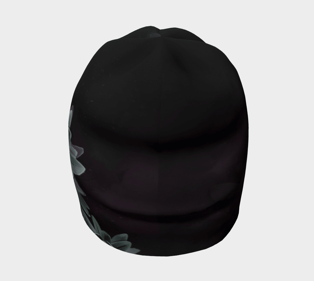 Tuque noire avec un motif stylisé de fleur de succulente sur le côté, vue de face.