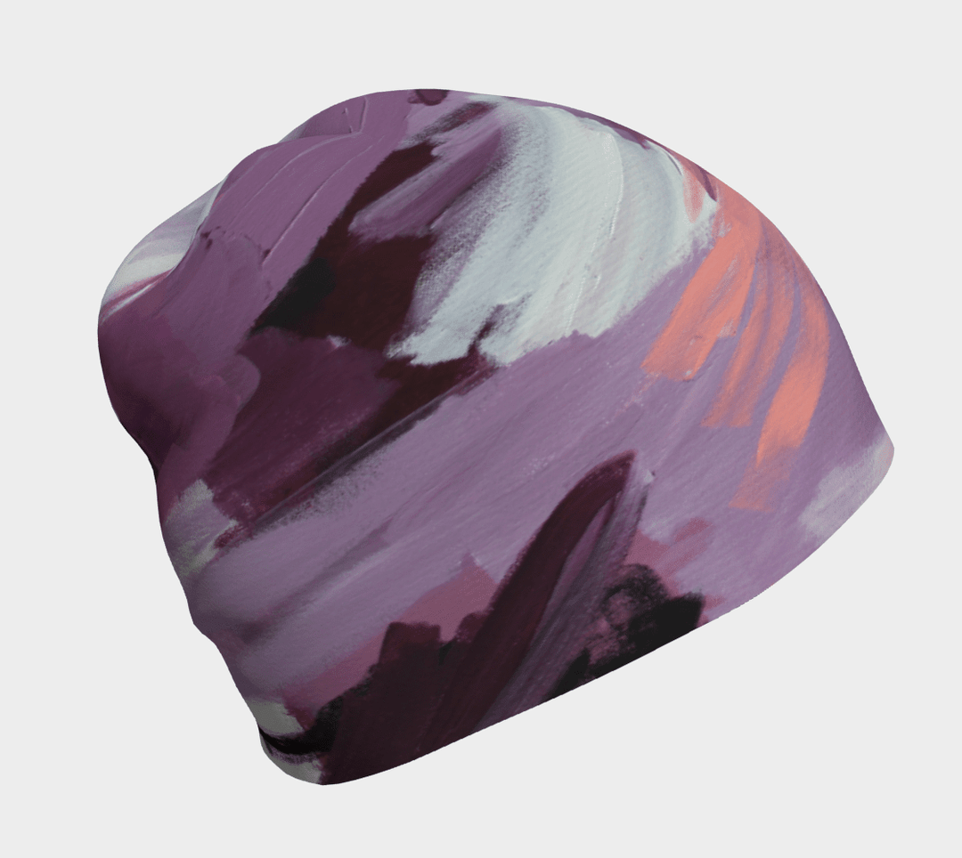 A purple, pink, and white abstract art pattern covers this women's beanie.