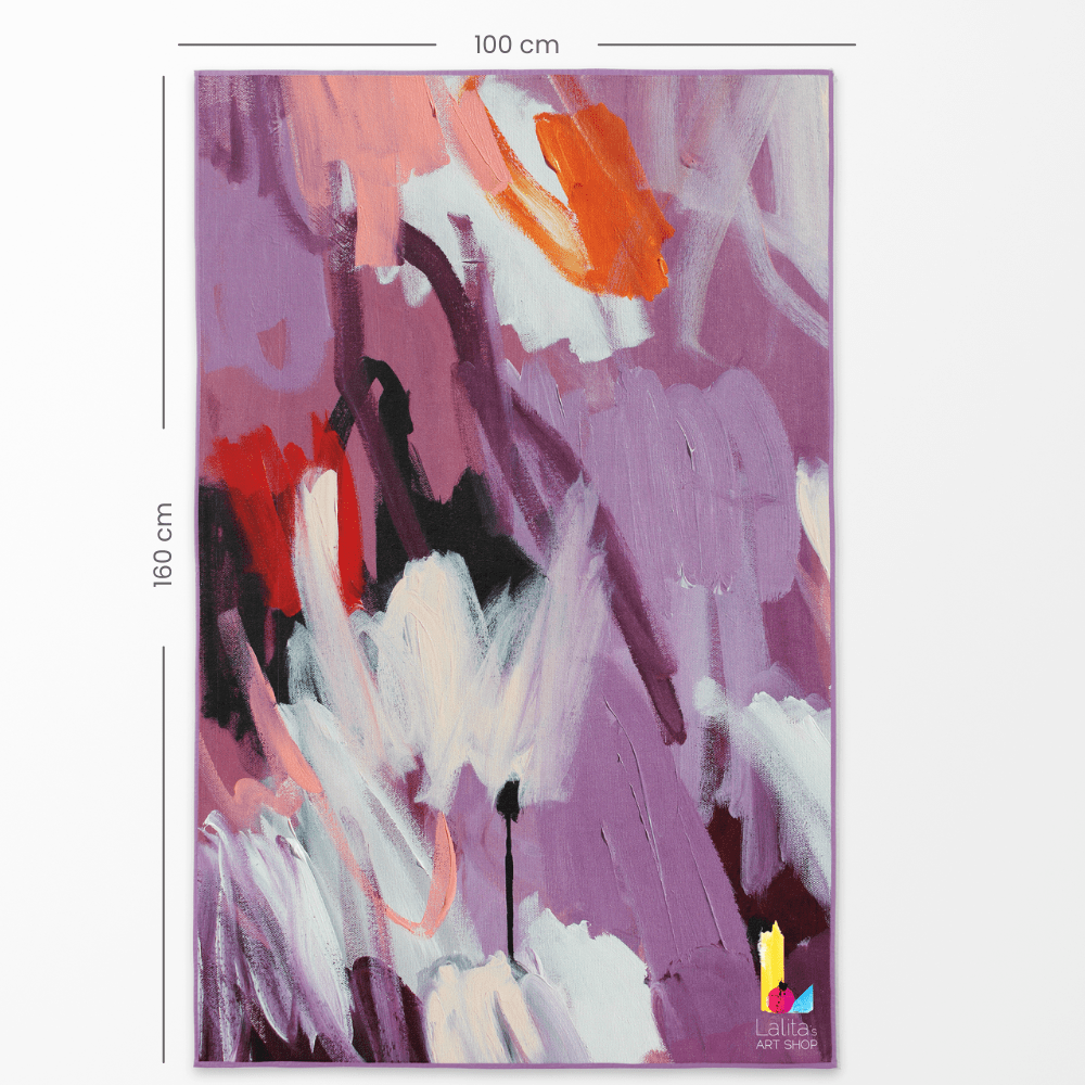 Dimensions of the XL Reversible Artistic Towel shown as 100 cm by 160 cm with abstract floral art.