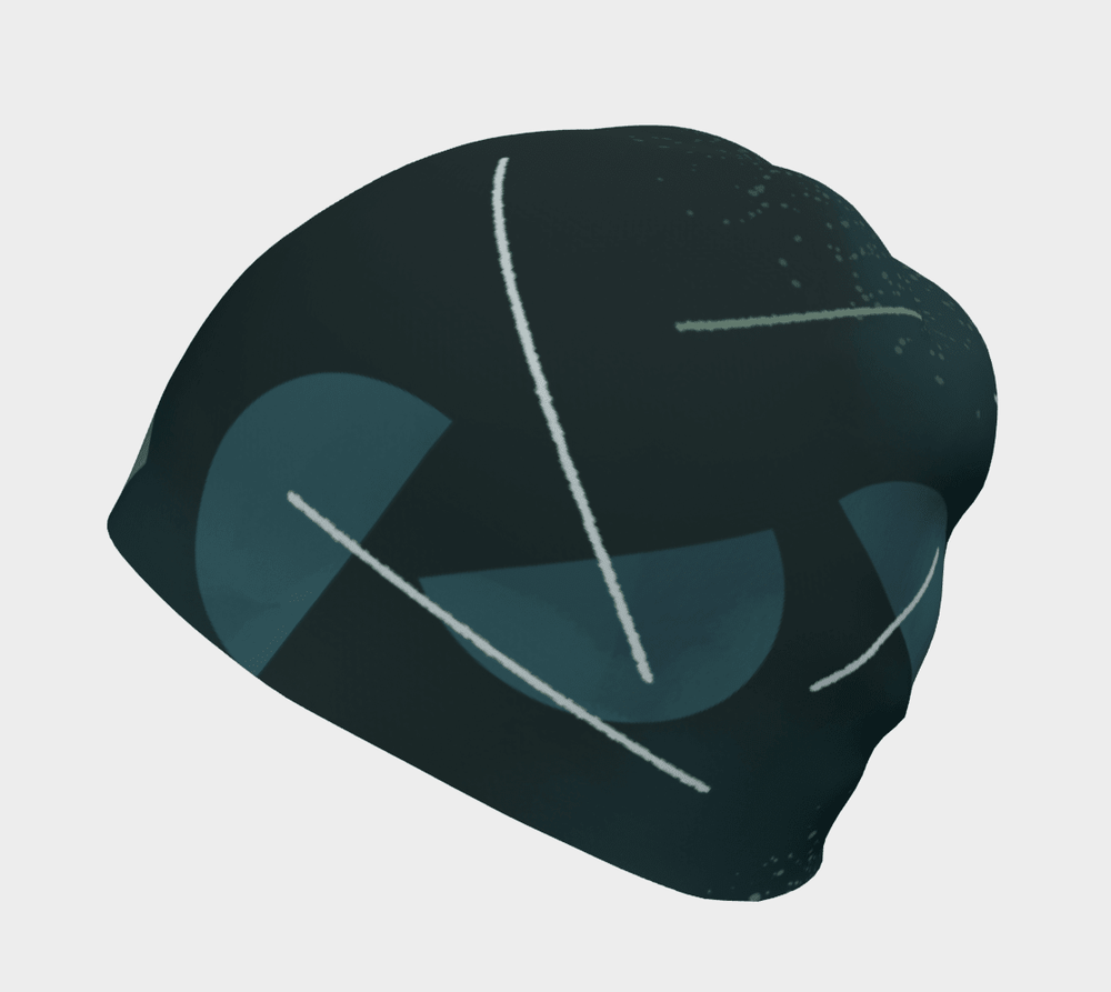 Vue arrière d'une tuque unisexe avec base bleu sarcelle foncé et formes abstraites vertes de parapluie.