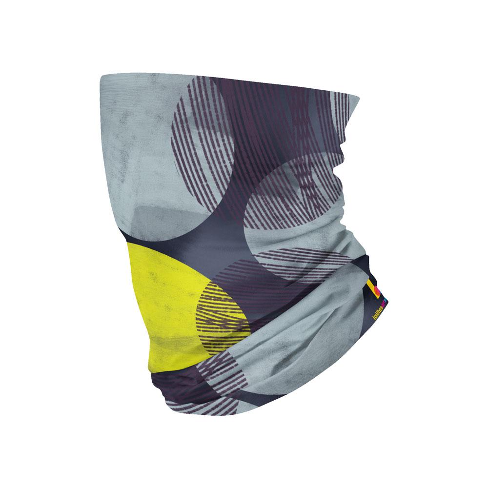 Gros plan du tube multifonctionnel Pois Jaunes avec un motif abstrait de cercles jaunes et gris.