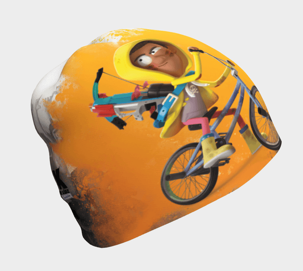 Side view of the coolest beanie for boys! The Zombie Kidz Bike Hero! This yellow, black and white  bamboo beanie was illustrated by illustrator NIKAO for the Zombie Kidz game by the canadian editor Scorpion Masqué. .